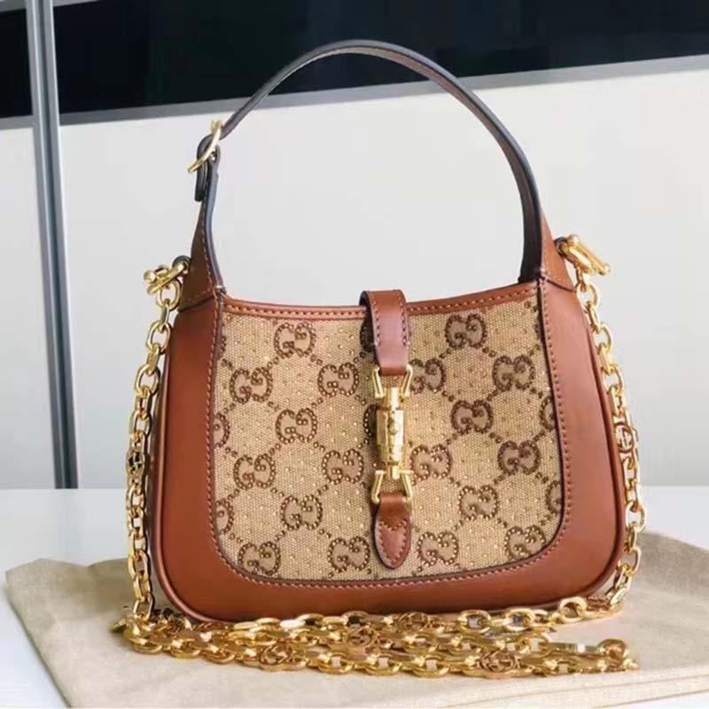 Gucci Women Jackie 1961 Mini GG Shoulder Bag Camel Ebony GG Canvas Crystals