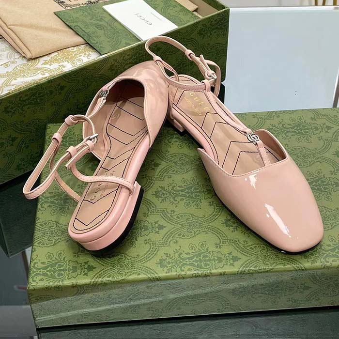 Gucci Women GG Double G Ballet Flat Light Pink Patent Leather Square Toe