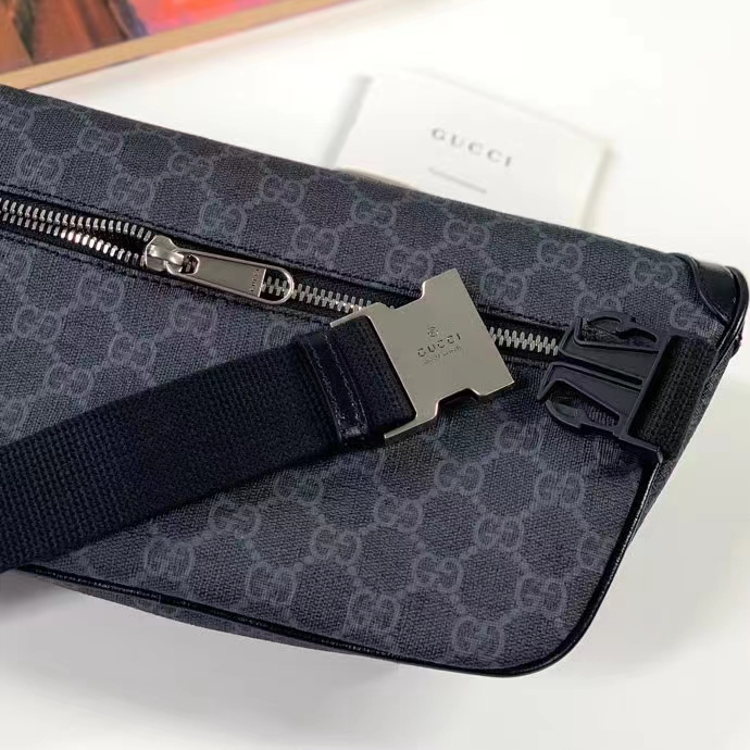 Gucci Unisex GG Large Belt Bag Black GG Supreme Canvas Leather Oval Interlocking G