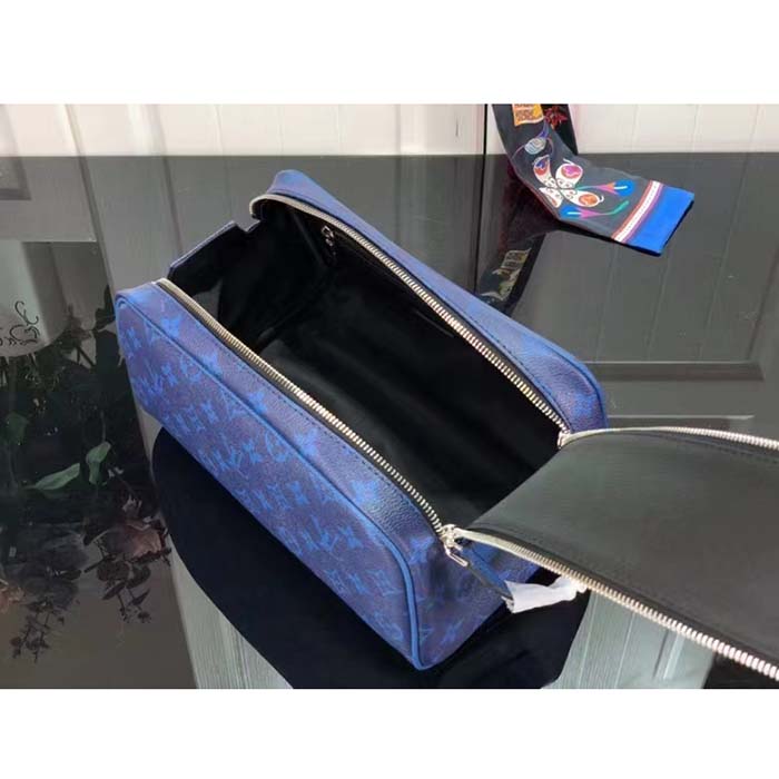 Louis Vuitton LV Unisex Dopp Kit Toilet Pouch Blue Taiga Cowhide Leather Monogram Coated Canvas