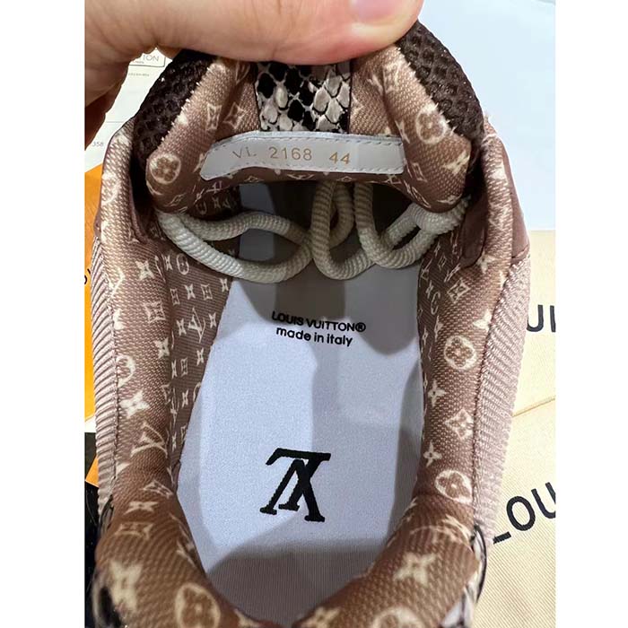 Louis Vuitton LV Unisex Skate Sneaker Brown Mesh Python-Like Embossed Leather Double Laces Rubber