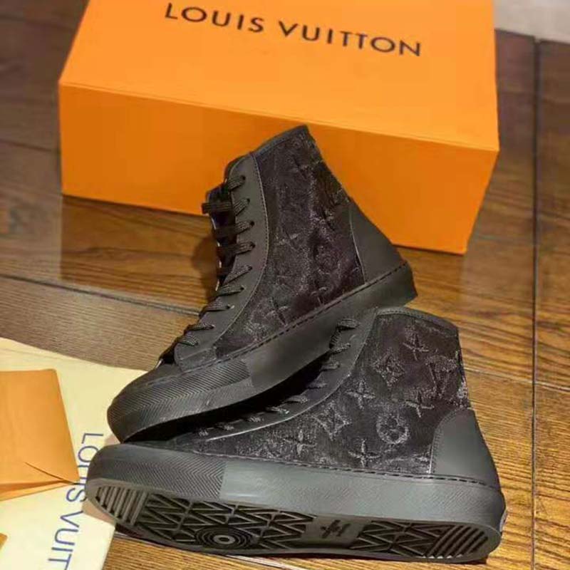 Louis Vuitton LV Unisex Tattoo Sneaker Boot in Damier Tartan Canvas with Monogram Embroidery-Black