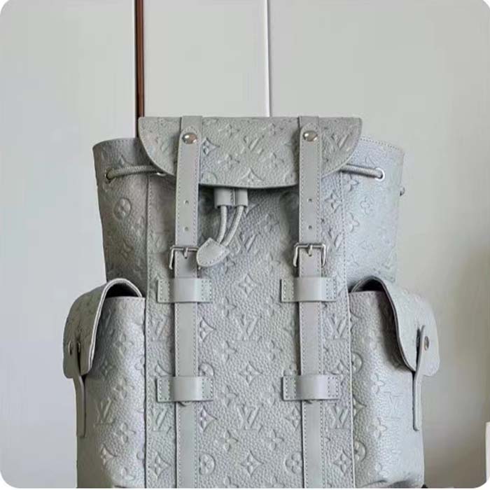 Louis Vuitton LV Unisex Christopher MM Backpack Mineral Gray Embossed Taurillon Monogram Cowhide Leather