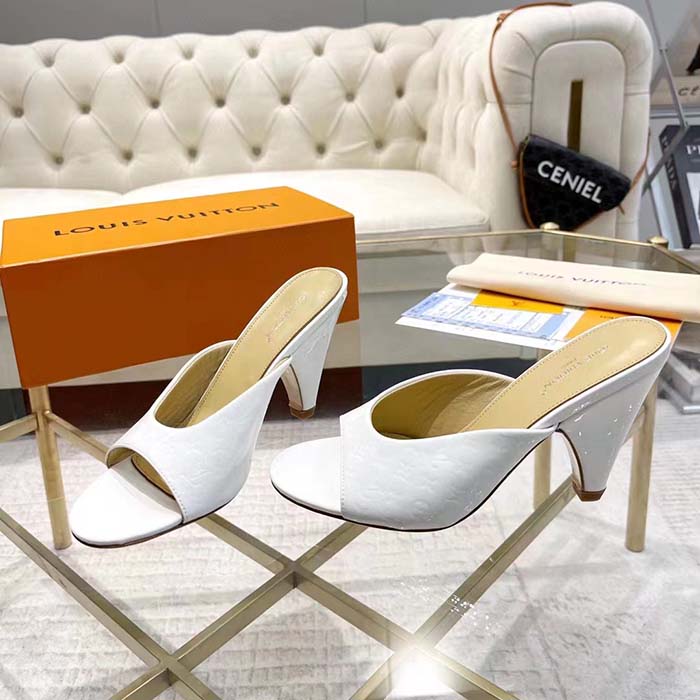 Louis Vuitton LV Women Super Mule White Monogram-Debossed Patent Calf Leather 10 CM Heel