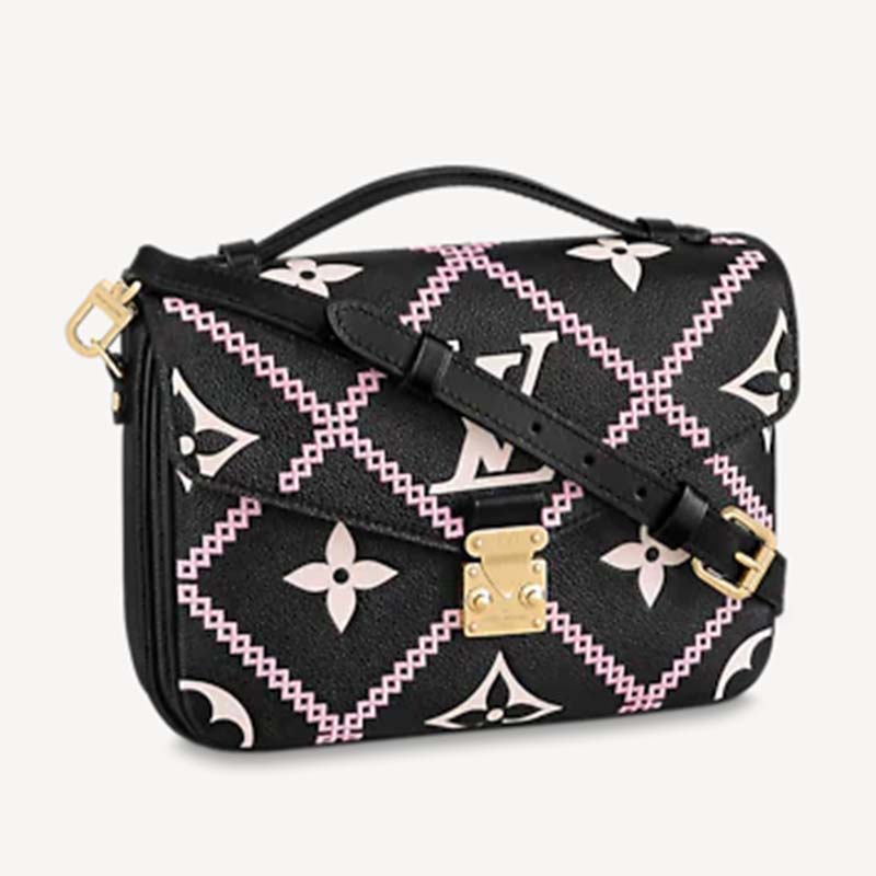 Louis Vuitton LV Women Pochette Metis Bag Black Embroidered Embossed Supple Grained Cowhide