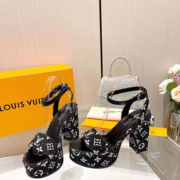 Louis Vuitton Women LV Fame Platform Sandal Black Monogram Denim Leather 11.5 CM Heel