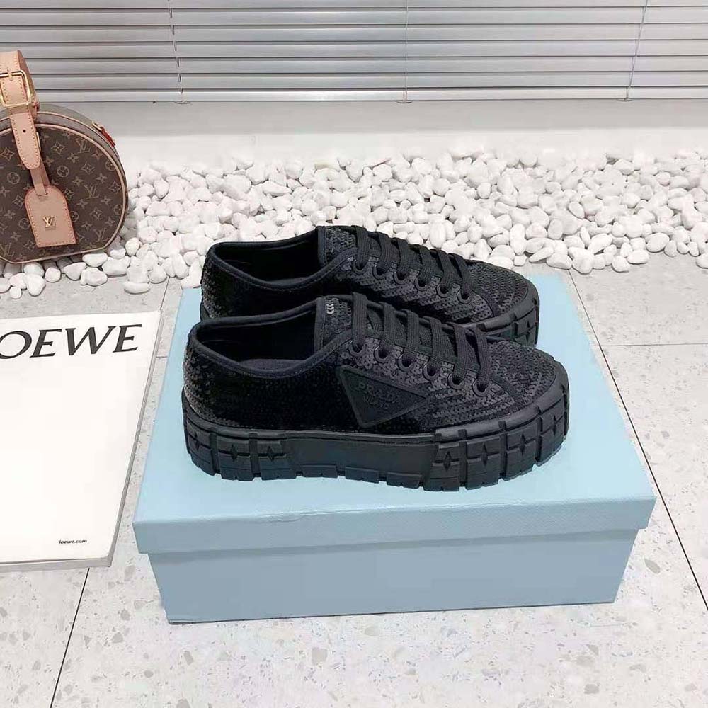 Prada Women Double Wheel Sequin Sneakers-Black