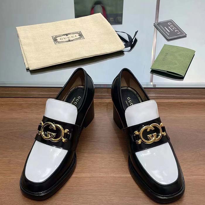 Gucci Women GG Loafer Interlocking G Black White Leather Mid 6 Cm Heel