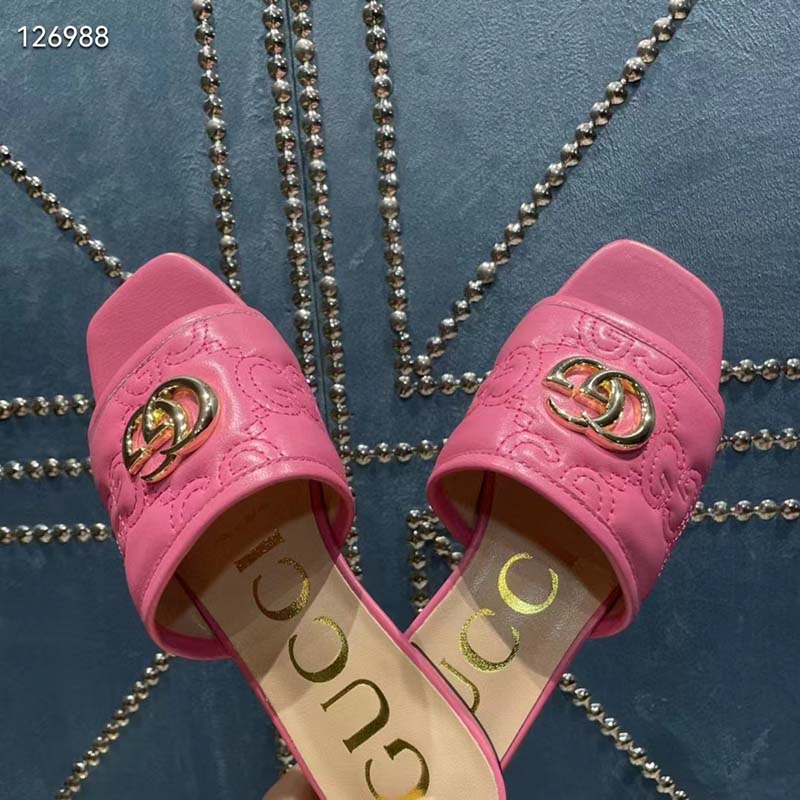 Gucci Women Matelassé Slide Sandal Pink GG Matelassé Leather Square Toe Flat