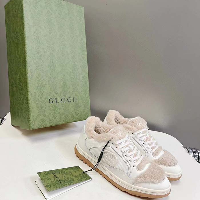 Gucci GG Unisex MAC80 Sneaker Off White Leather Merino Wool Round Toe Rubber Flat
