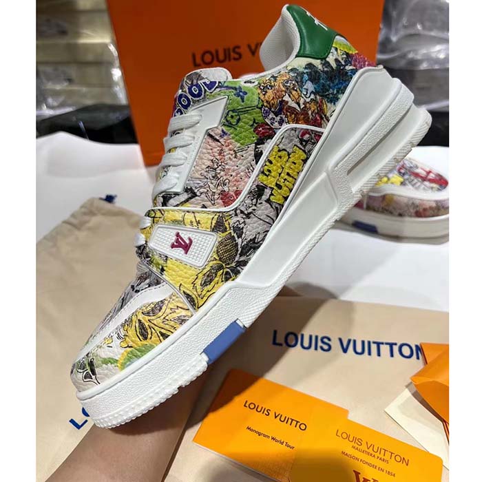 Louis Vuitton Unisex LV Trainer Sneaker White Printed Canvas Rubber Outsole Monogram Flowers