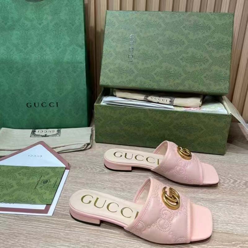 Gucci Women GG Matelassé Slide Sandal Beige Double G Square Toe Flat