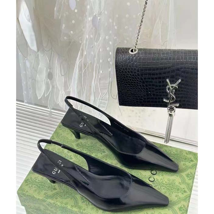 Gucci Women GG Slingback Pump Black Leather Interlocking G Square Upper Mid-Heel