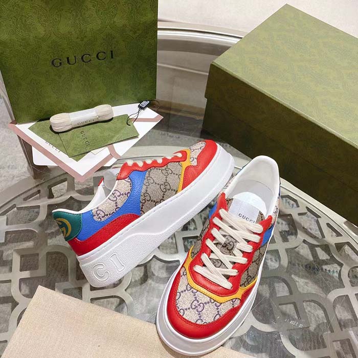 Gucci Unisex Sneaker Beige Blue GG Supreme Canvas Interlocking G 5.6 Cm Heel