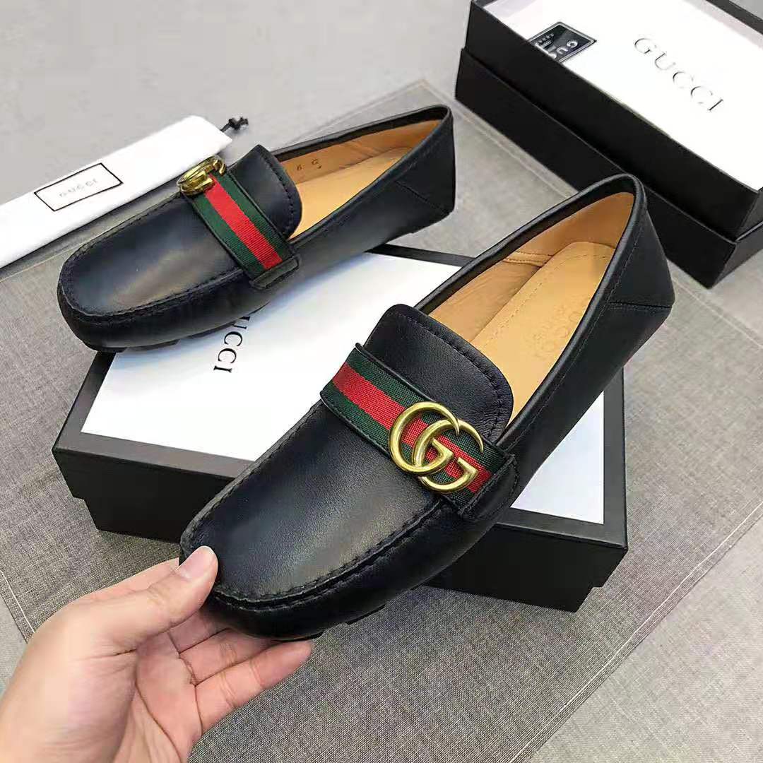 Gucci Men Leather Driver with Web-Black