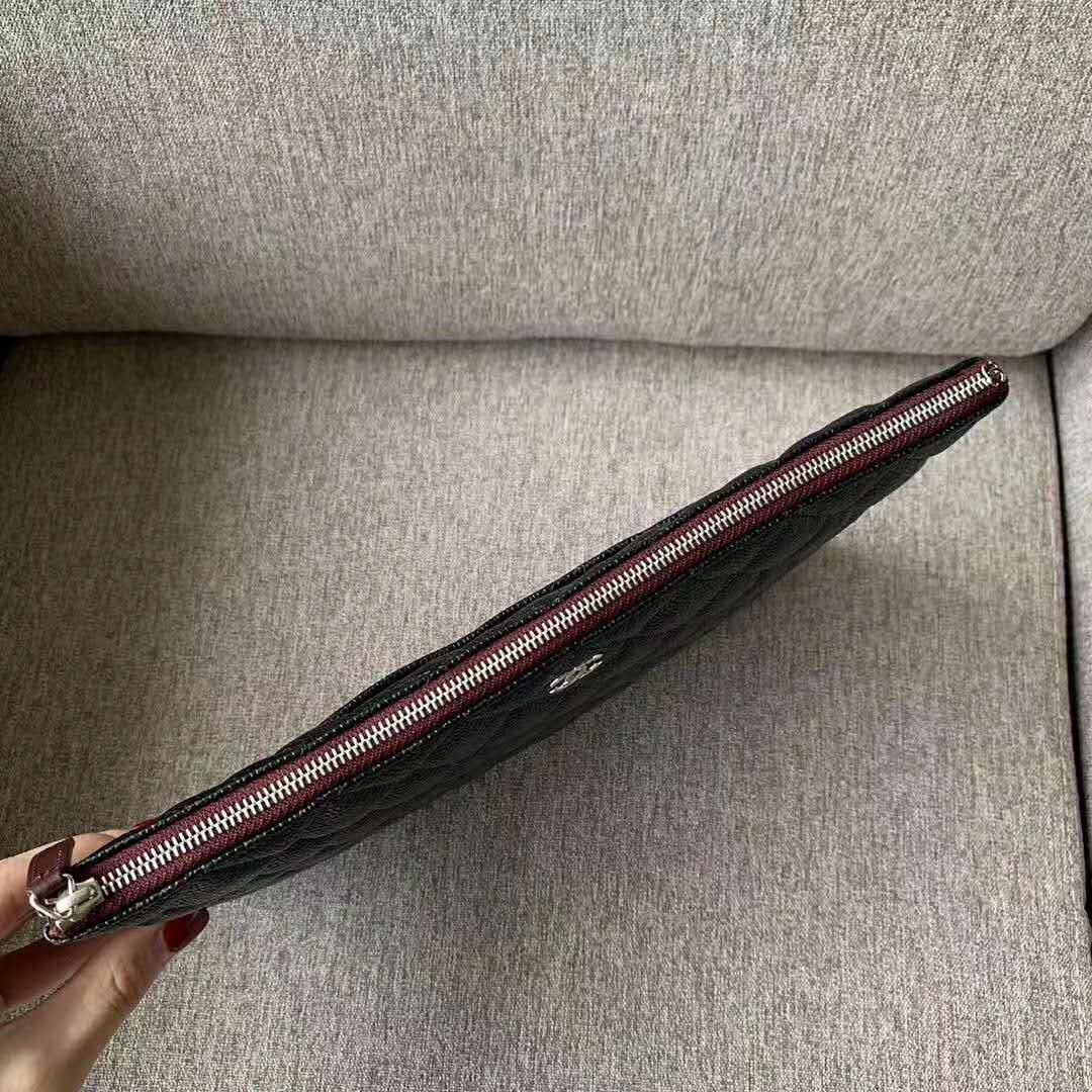 Chanel Women Classic Large Pouch in Grained Calfskin Leather-Black