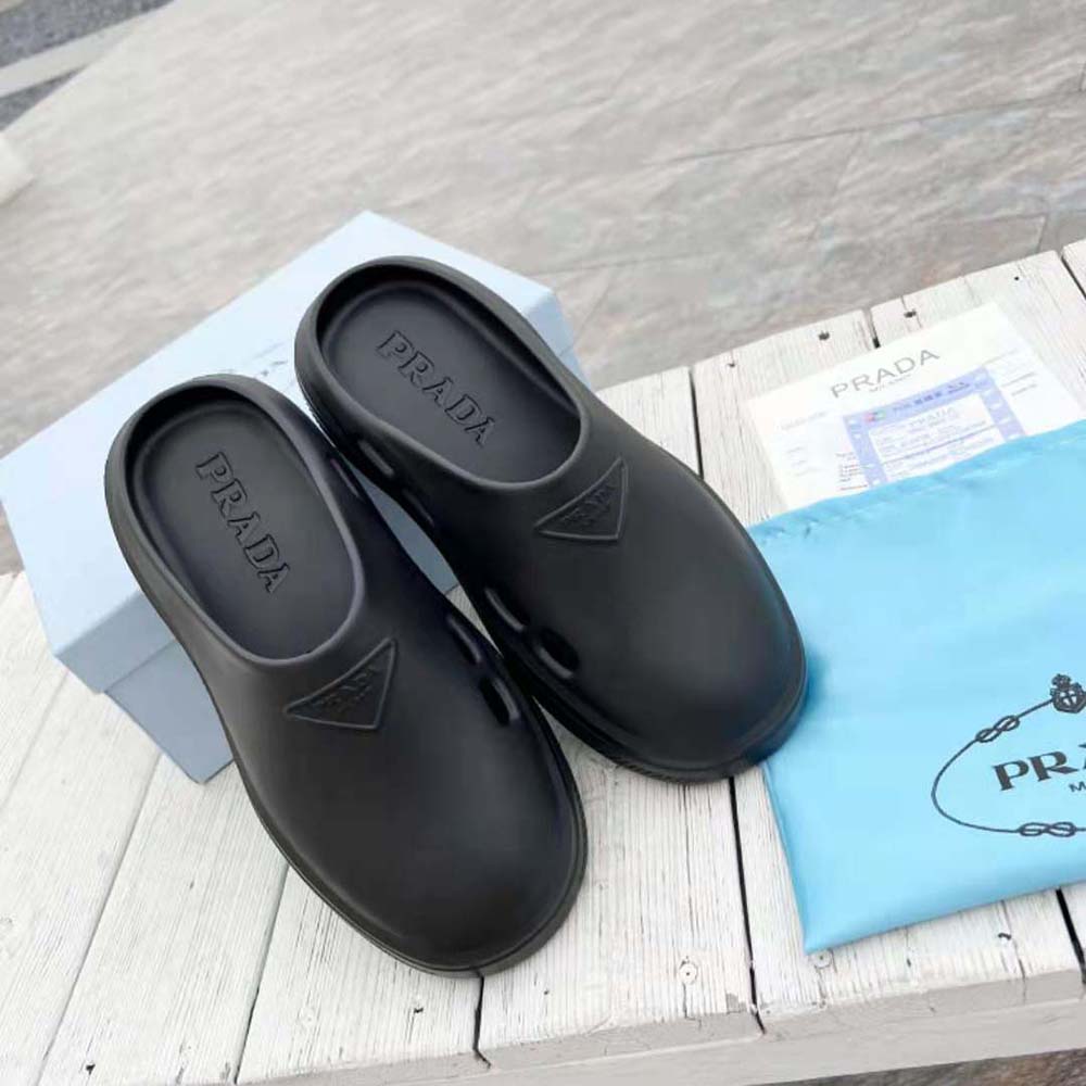 Prada Women Foam Rubber Mules With Embossed Rubber Triangle Logo-Black