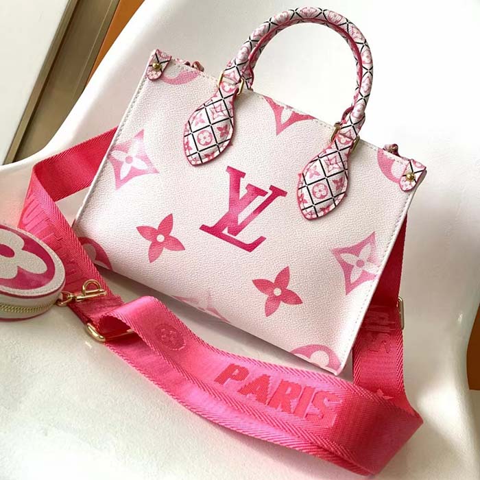Louis Vuitton LV Women Onthego PM Pink Monogram Coated Canvas Textile Lining