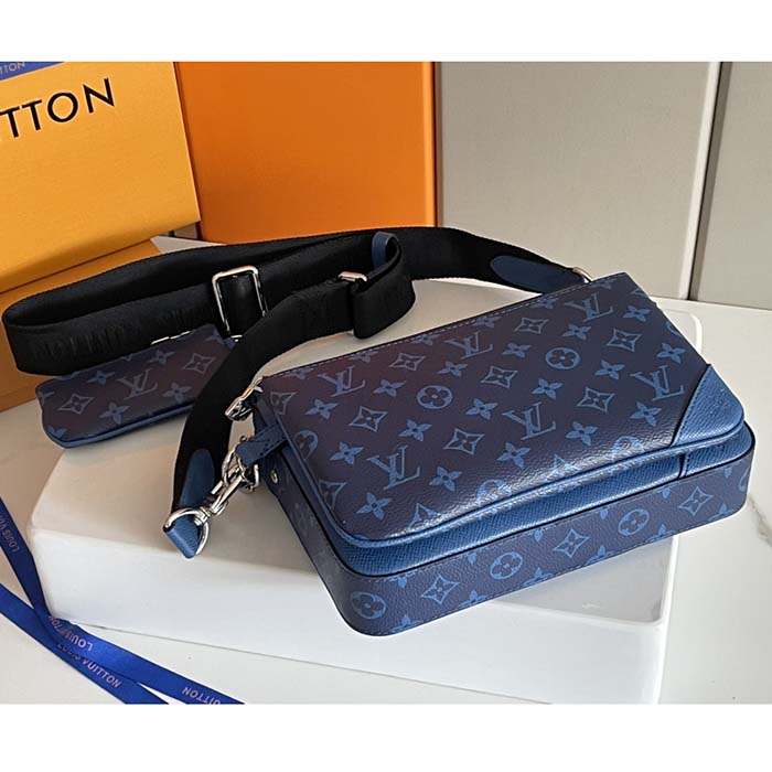 Louis Vuitton LV Unisex Trio Messenger Cobalt Blue Monogram Coated Canvas Taiga Cowhide Leather