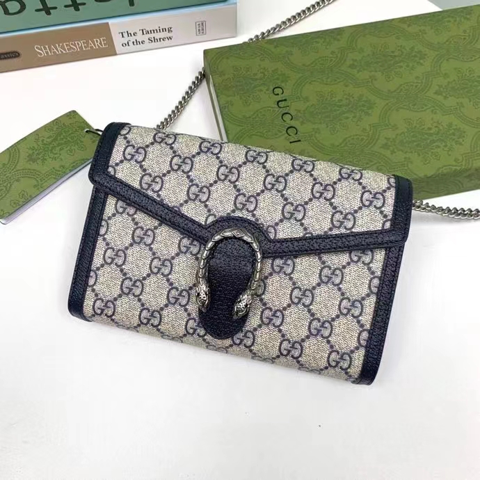 Gucci Women Dionysus GG Mini Chain Wallet Beige Blue GG Supreme Canvas Leather