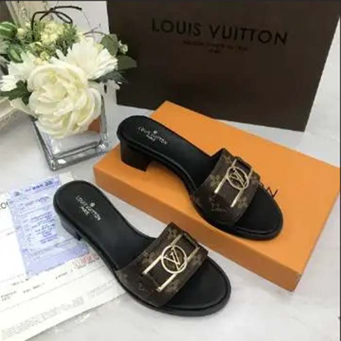 Louis Vuitton LV Women Lock It Mule Brown Patent Monogram Canvas Leather Outsole