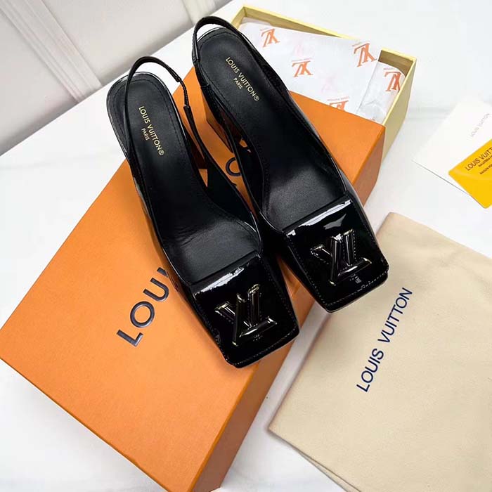 Louis Vuitton LV Women Shake Slingback Pump Black Patent Calf Leather Lambskin 9.5 Cm Heel
