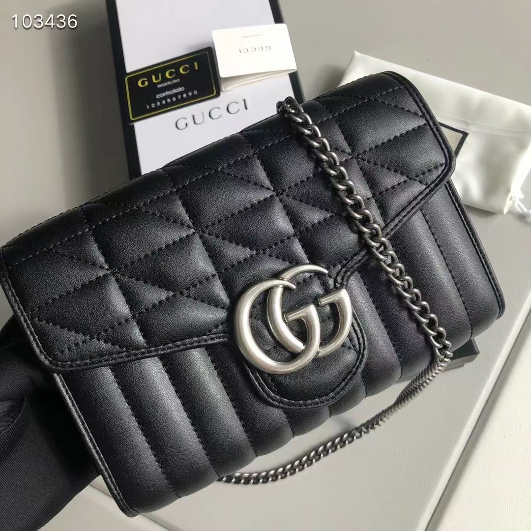 Gucci Women GG Marmont Matelassé Mini Bag Black Leather Double G