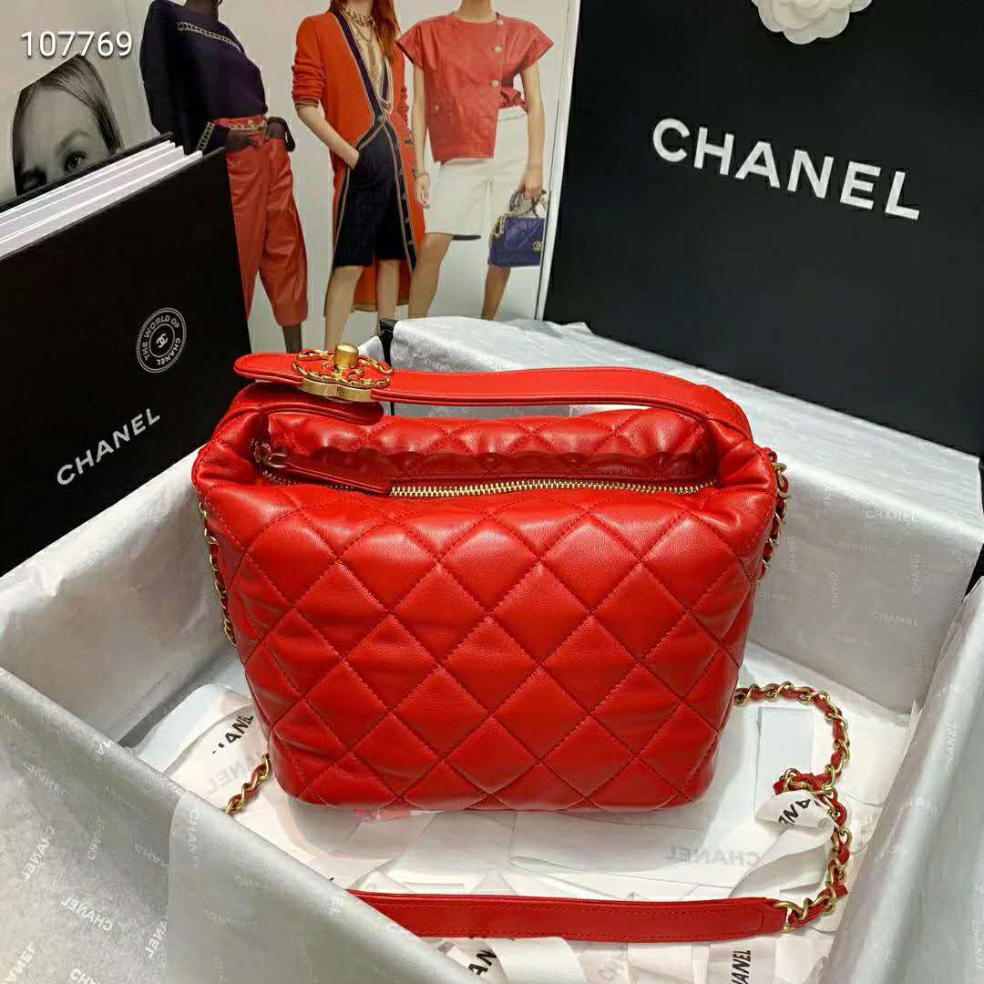 Chanel Women Hobo Bag in Lambskin Leather Gold Metal-Red
