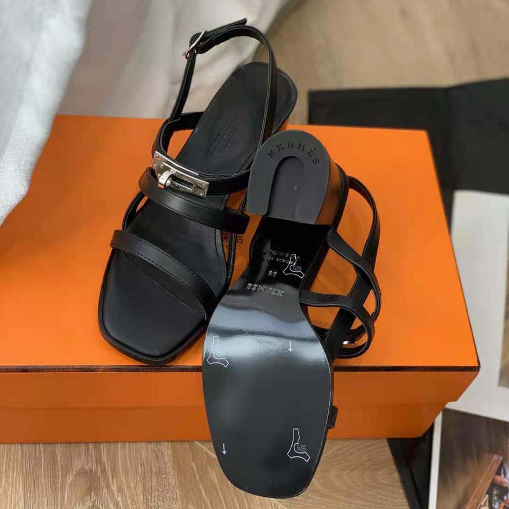 Hermes Women Eve 60 Sandal in Calfskin Leather-Black