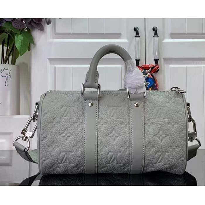 Louis Vuitton LV Unisex Keepall Bandoulière 25 Mineral Gray Embossed Taurillon Monogram Cowhide Leather