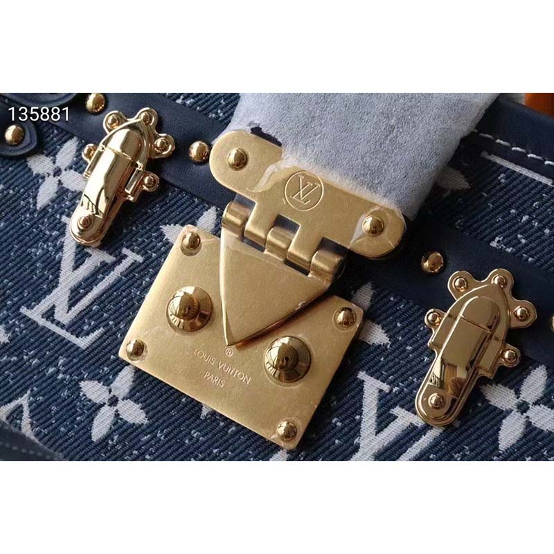 Louis Vuitton LV Unisex Petite Malle Box Handbag Blue Denim Monogram Canvas