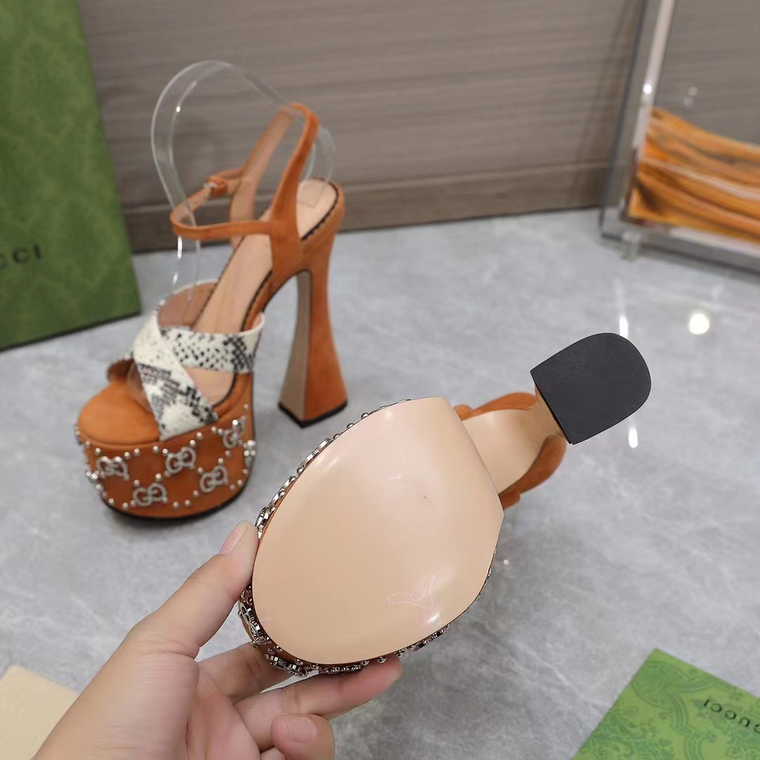 Gucci Women GG Interlocking G Studs Sandal Python Print Leather Camel Suede 15 Cm Heel