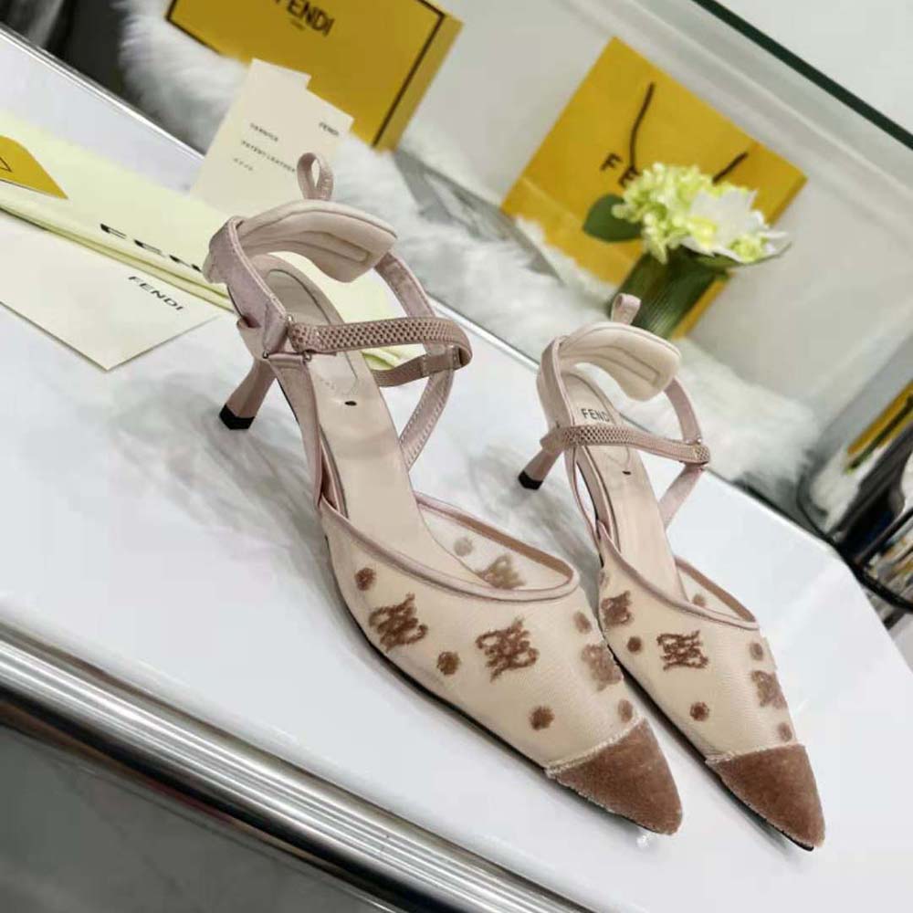 Fendi Women Colibri Lite Beige Mesh and FF Karligraphy Medium-Heel Slingbacks