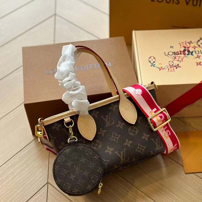 Louis Vuitton LV Women Neverfull BB Peony Pink Monogram Coated Canvas Natural Cowhide Leather