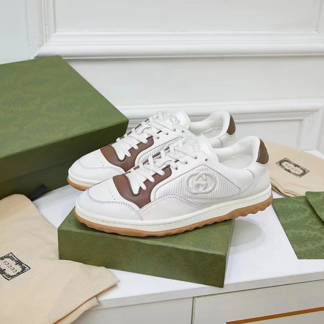 Gucci Unisex GG MAC80 Sneaker Off White Brown Leather Round Toe Rubber Flat