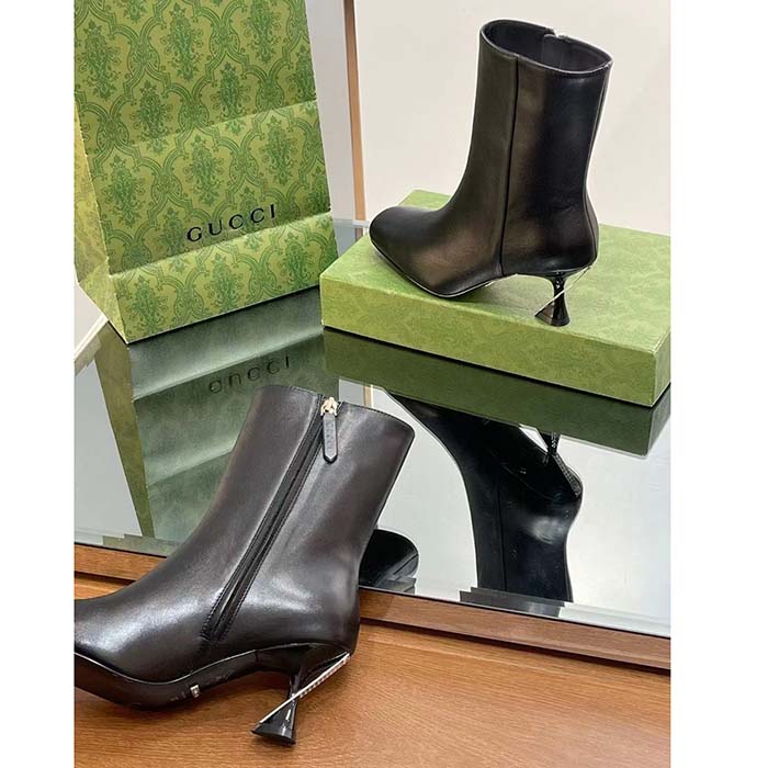 Gucci Women GG Ankle Boot Black Leather Geometric Heel Metal Inserts High-Heel