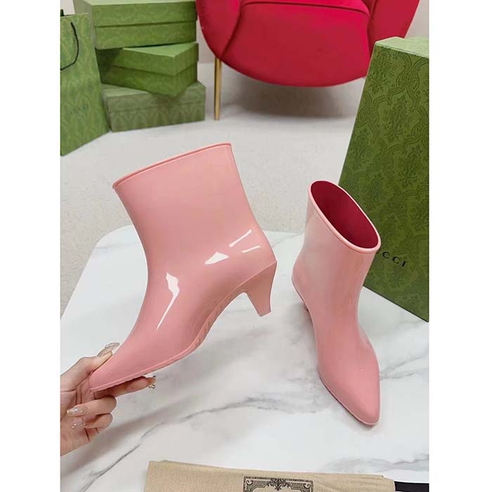 Gucci Women Interlocking G Ankle Boot Pink Shiny Rubber Matte Point Toe Low-Heel