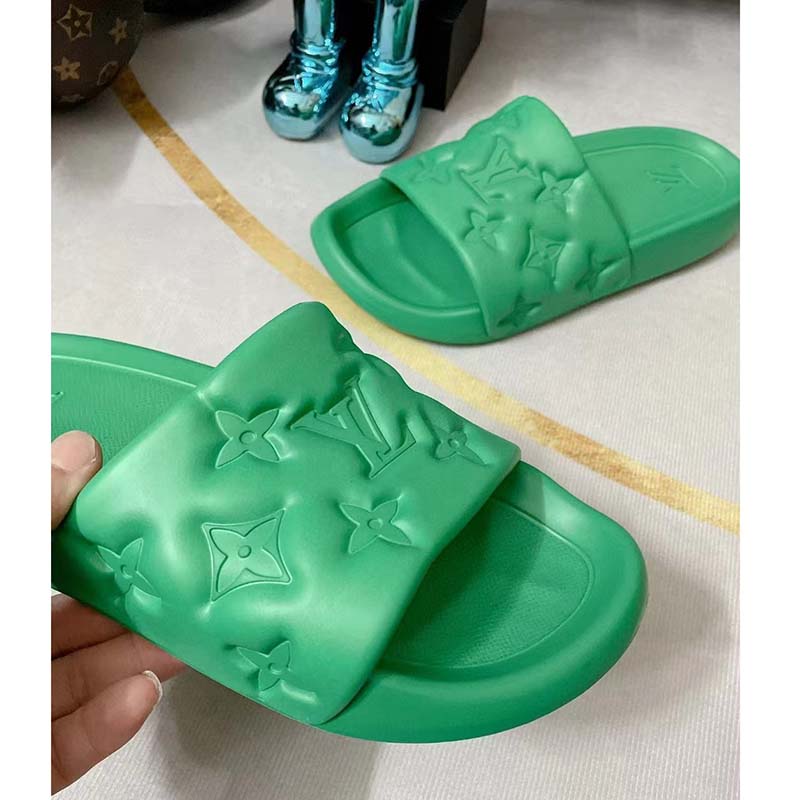 Louis Vuitton LV Unisex Waterfront Mule Green Monogram Embossed Rubber Waterproof
