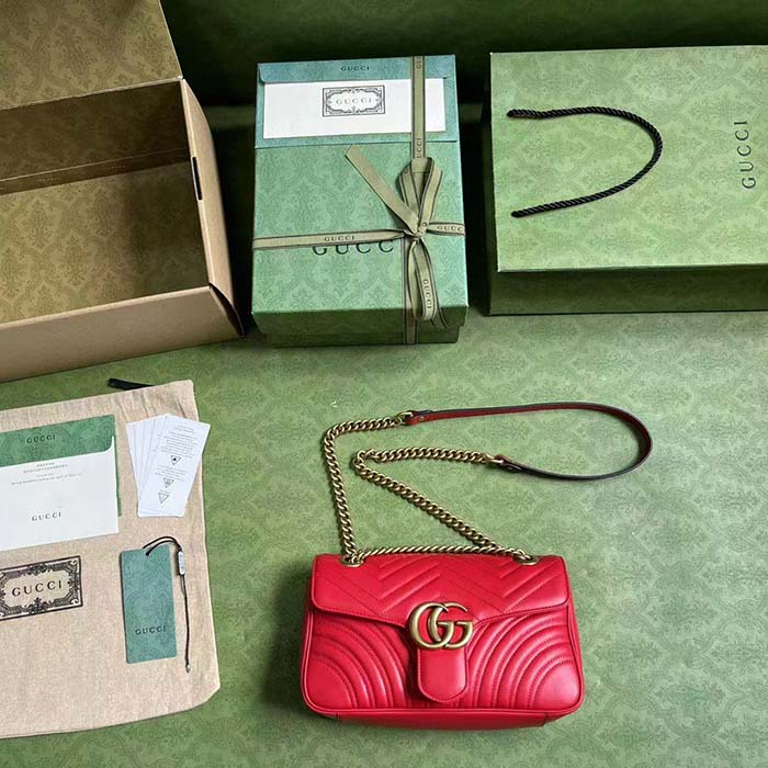 Gucci Women GG Marmont Small Shoulder Bag Red Matelassé Chevron Leather Double G