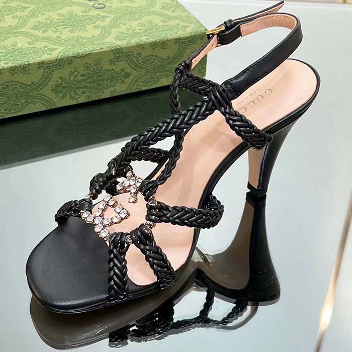 Gucci Women Crystal Interlocking G Sandal Black Braided Leather High 9 Cm Heel