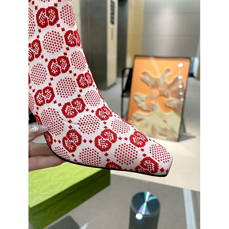 Gucci Women GG Knit Ankle Boots Pink Red GG Technical Fabric Leather Mid-Heel