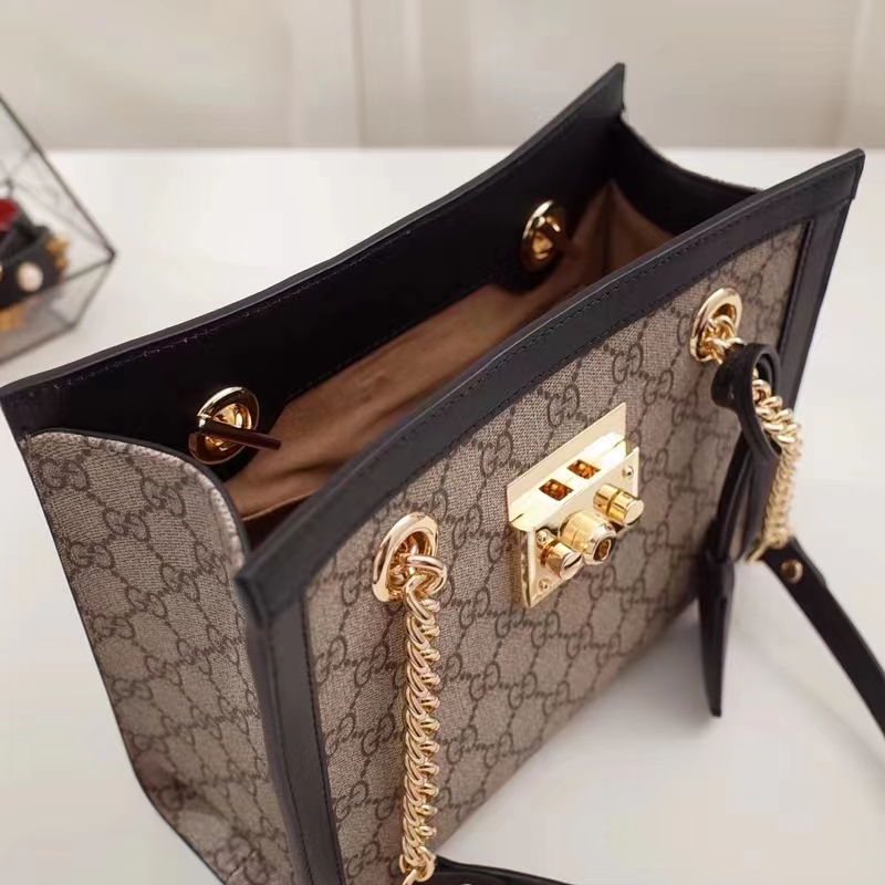 Gucci Women Padlock GG Small Shoulder Bag Black Beige Ebony Supreme Canvas