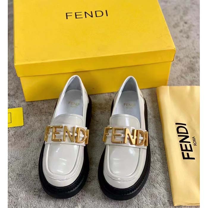 Fendi Women FF Fendigraphy White Leather Loafers 5 Cm Heel