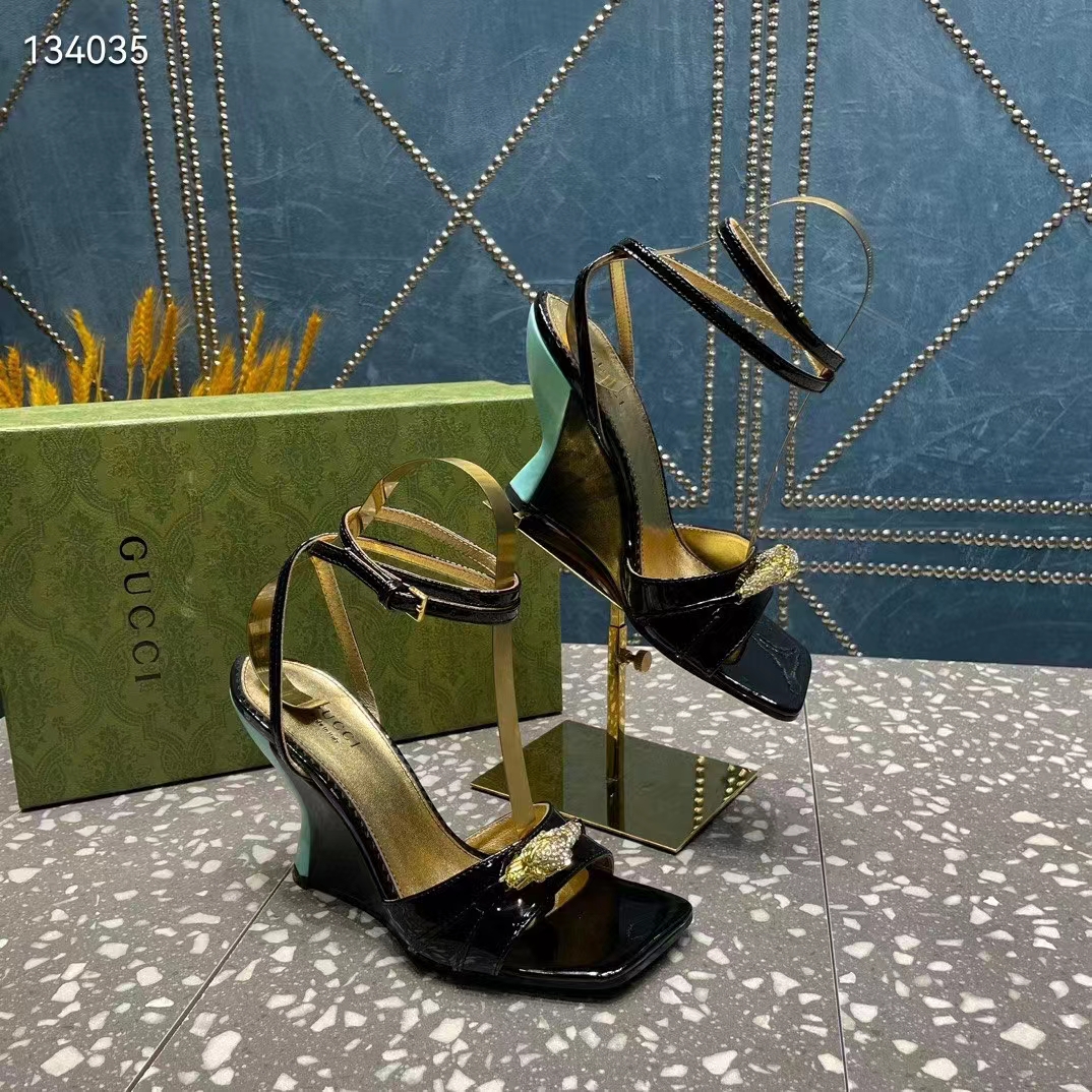 Gucci Women GG High-Heel Sandal Hardware Black Patent Leather Square Toe Geometric-Shaped Heel
