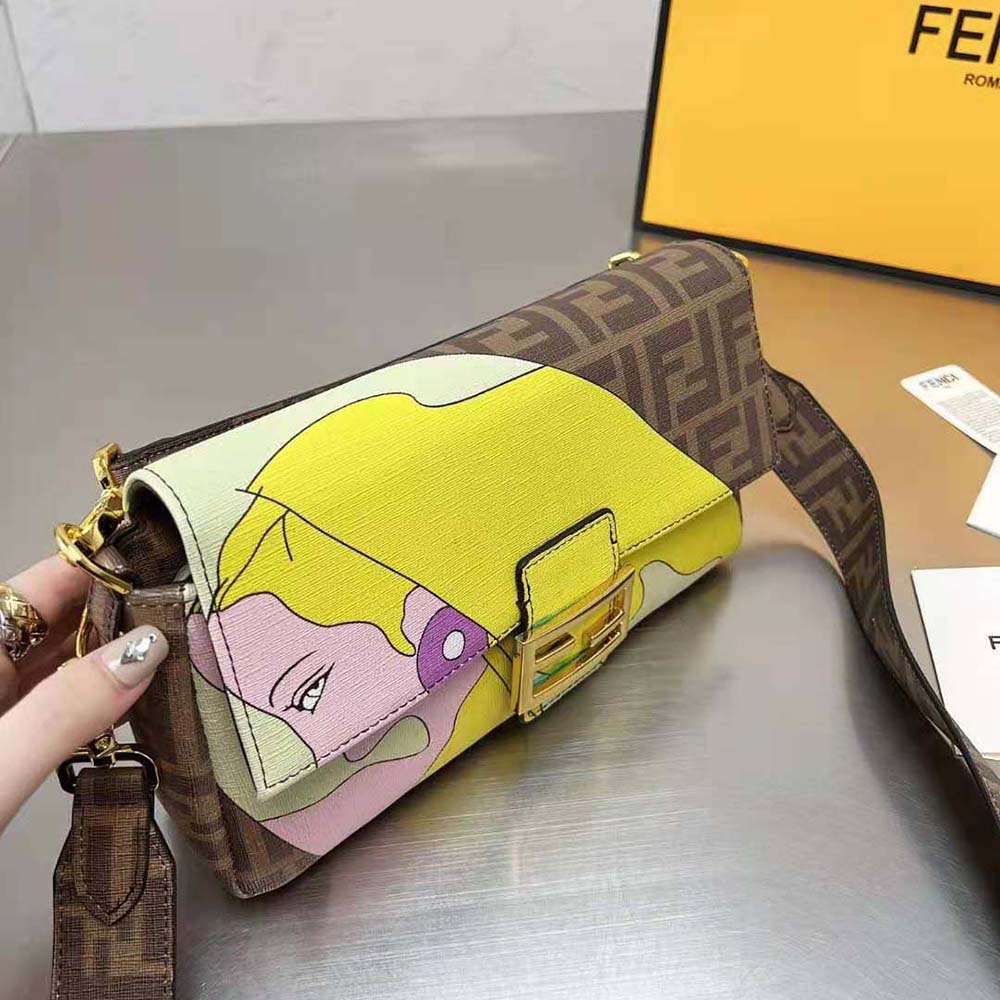 Fendi Women Baguette FF Glazed Fabric Bag with Inlay