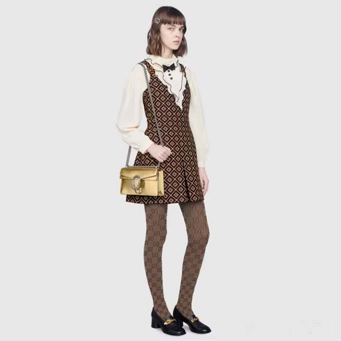 Gucci Women Dionysus Small Shoulder Bag Gold Lamé Leather Tiger Head