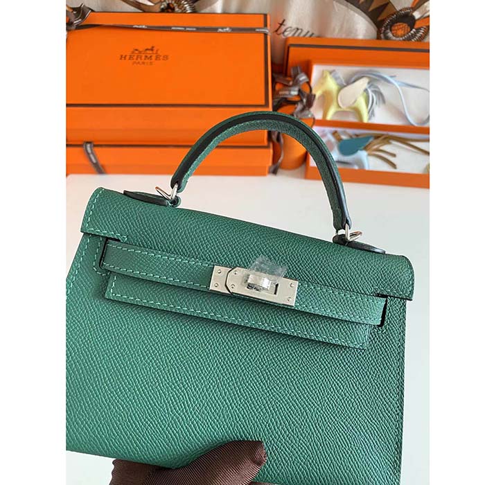 Hermes Women Mini Kelly 20 Bag Epsom Leather Silver Hardware-Green