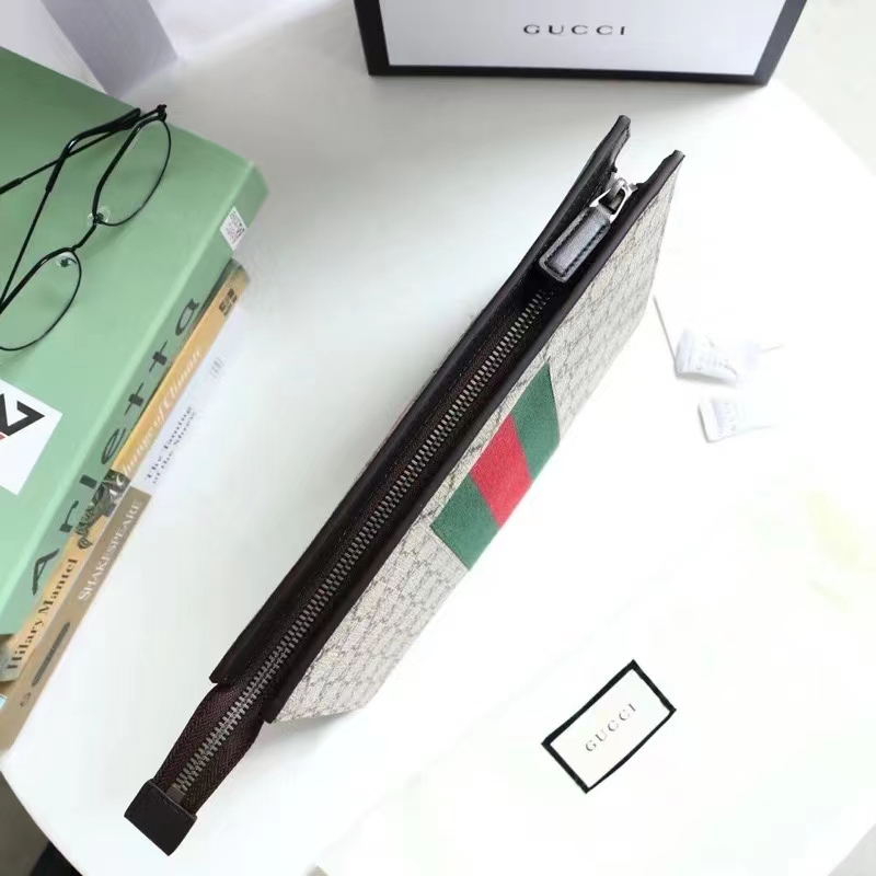 Gucci Unisex GG Supreme Web Pouch GG Supreme Canvas Green Red Web