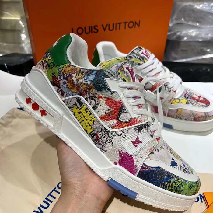 Louis Vuitton Unisex LV Trainer Sneaker White Printed Canvas Rubber Outsole Monogram Flowers