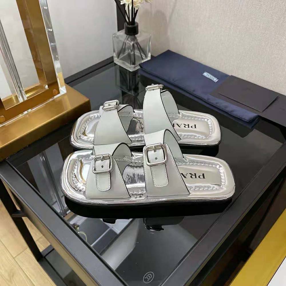 Prada Women Leather Sandals With Metal Buckle on the Upper-Silver
